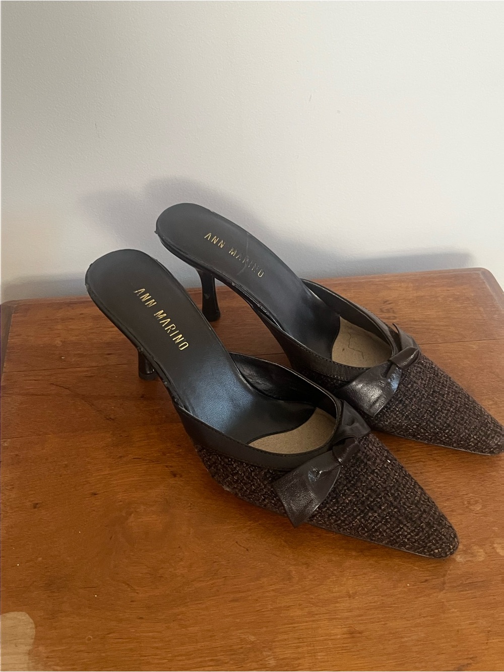 Ann Marino Brown Woven Tweed Pointed Toe Kitten Heel Mules Size 7.5 M